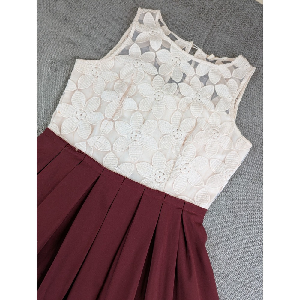 Altar'd State Fit and Flare Dress Womens S Burgundy Cream Floral Lace Pleated